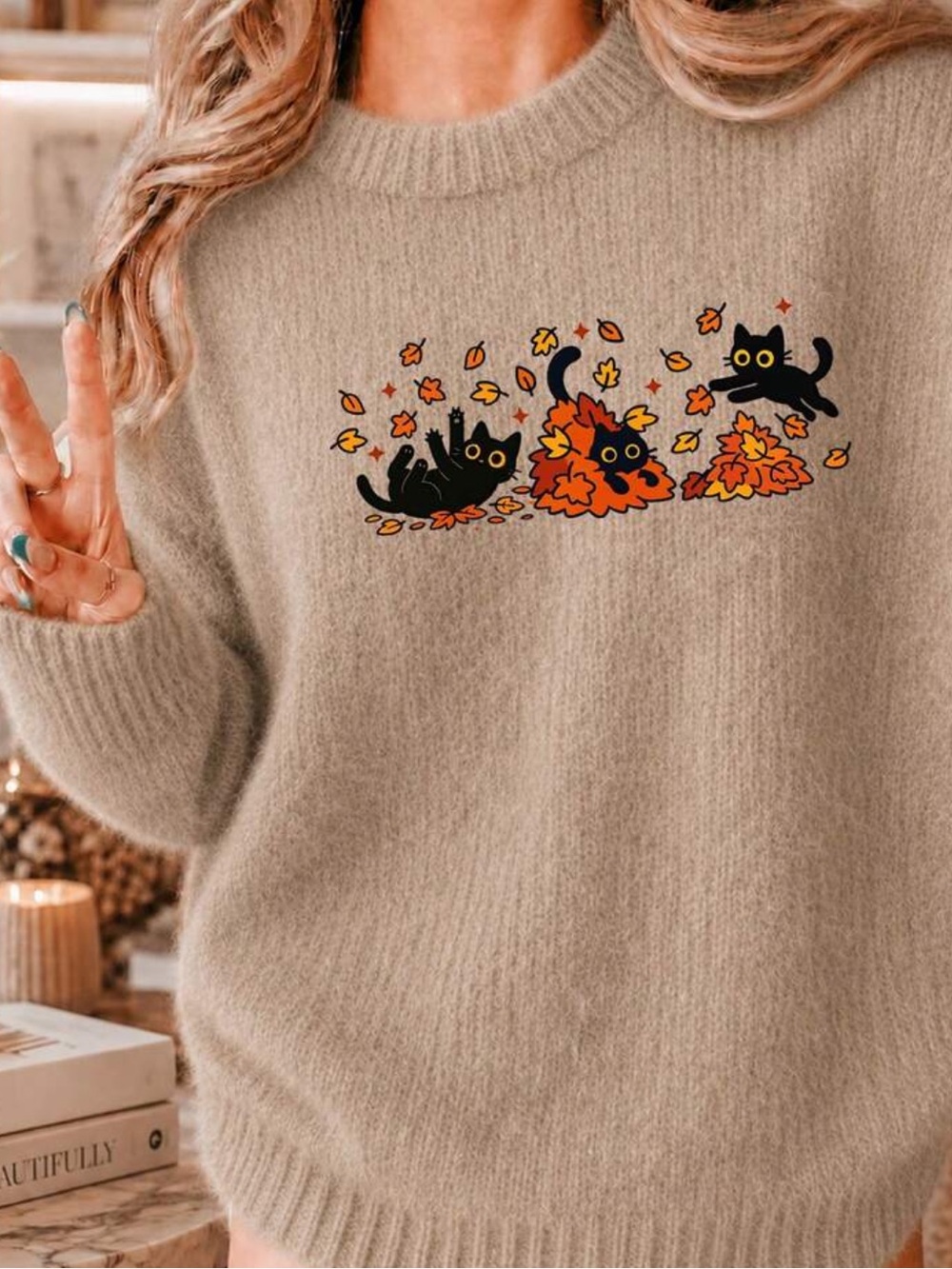 Cat & Leaves Graphic Sweater - Women's Cozy Fall Pullover